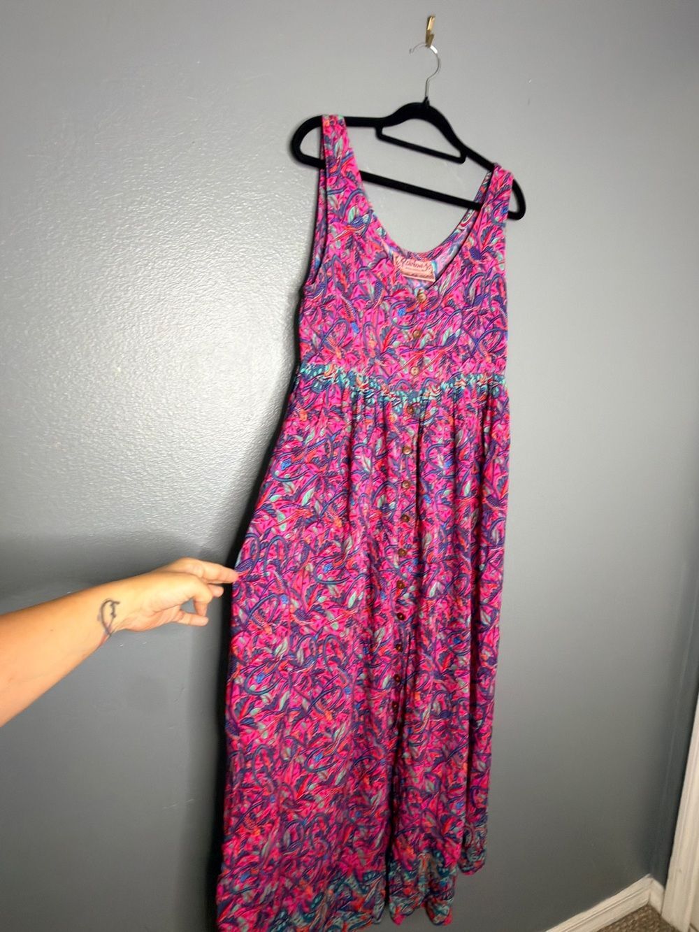 Vintage Rainbow Jo Maui Rayon Button Front Maxi Sundress Tropical Small Flaw